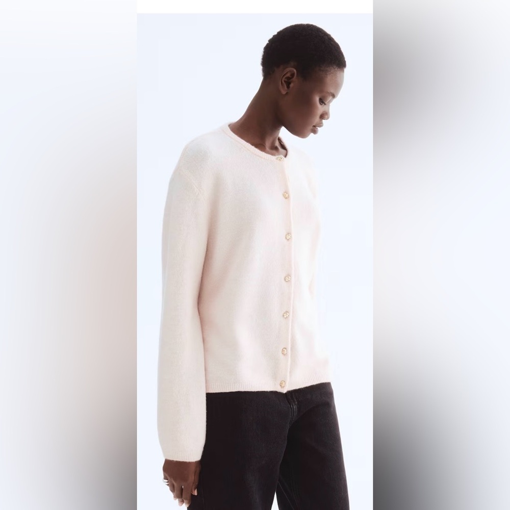 Loose-Fitting, Pale Pink Cardigan Sweater | Crew Neck | Gold Buttons | L | NWT - Picture 3 of 9